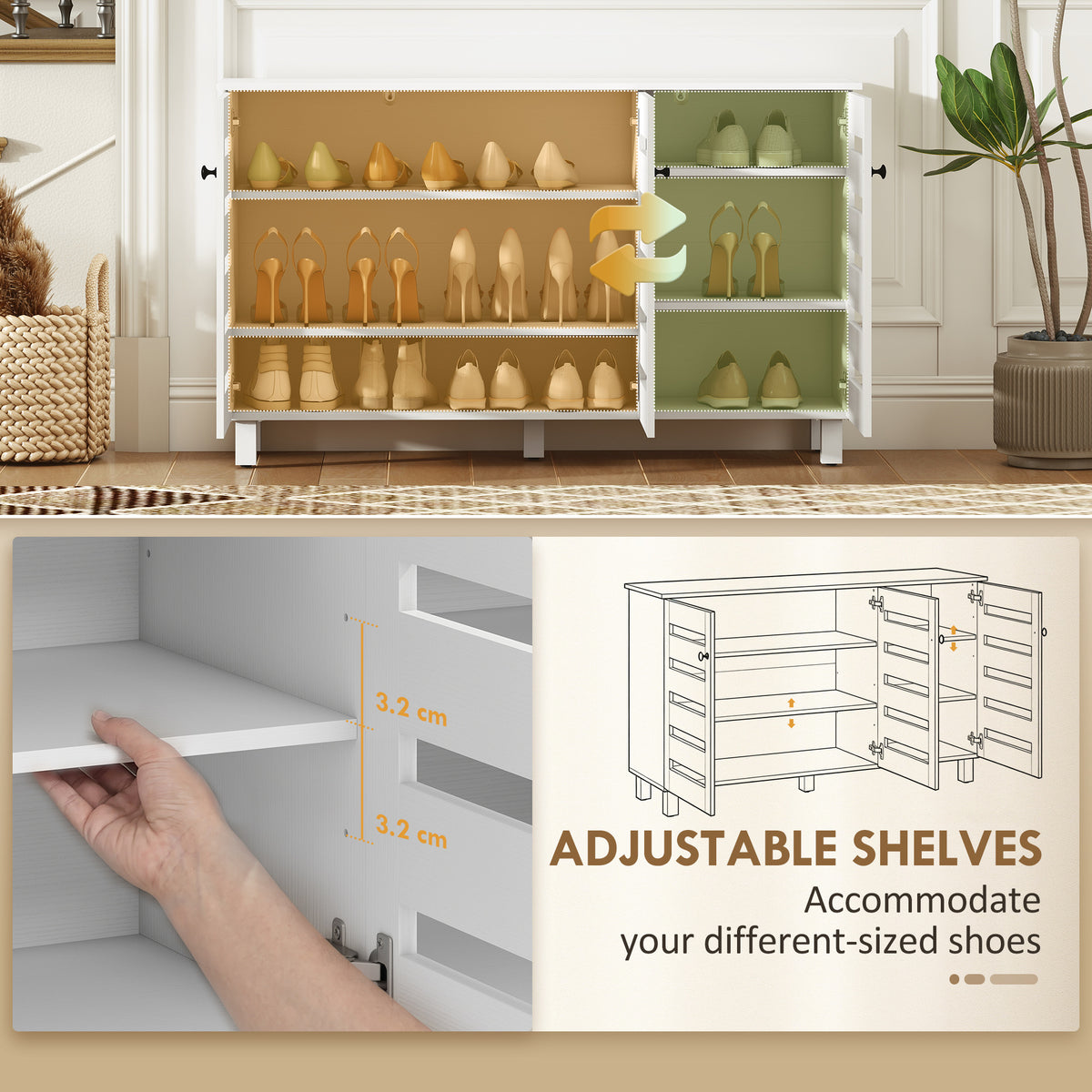Shoe Cabinet with 3 Slatted Doors – 44"W x 26"H