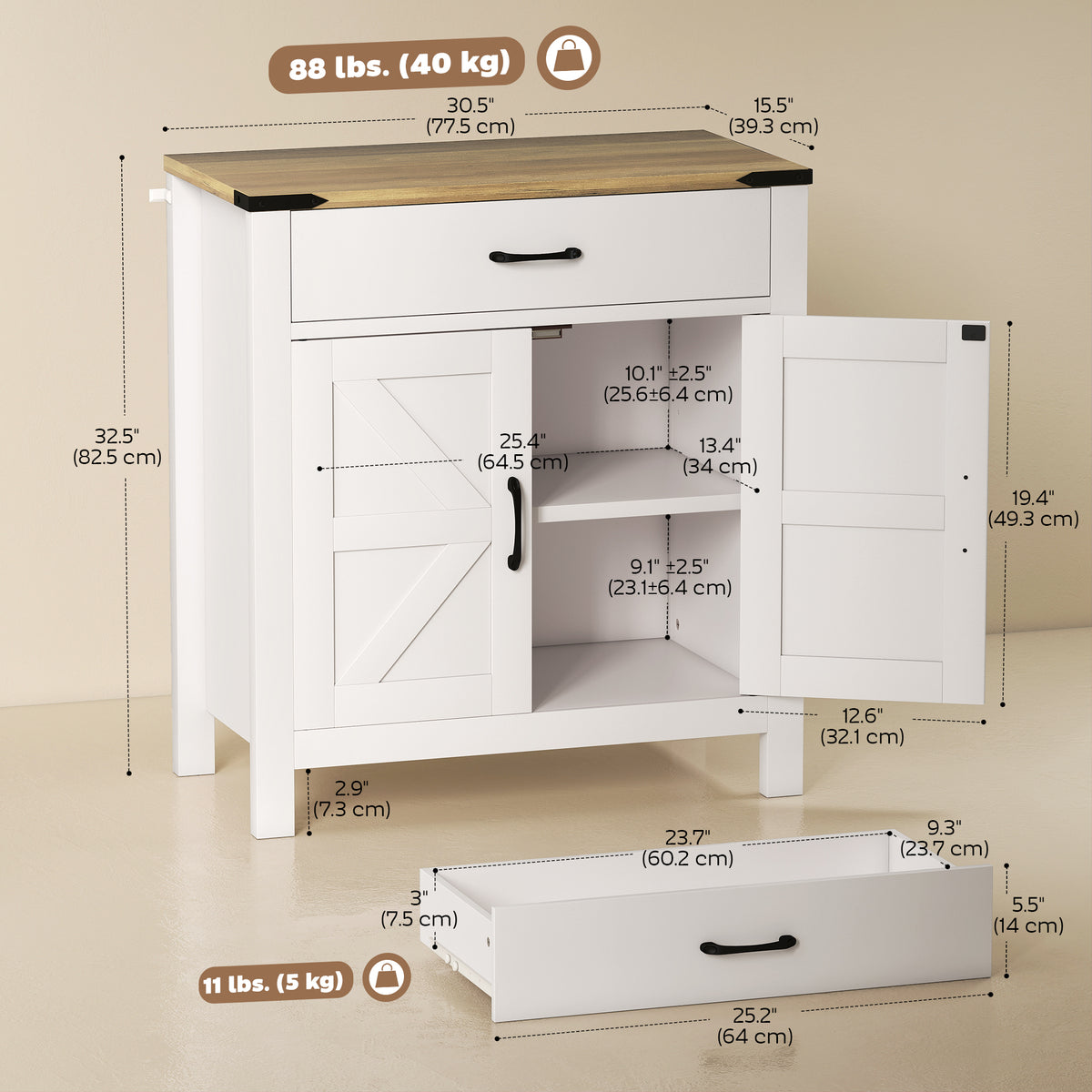 Farmhouse Kitchen Storage Cabinet with Drawer and Shelf – 31"W x 33"H