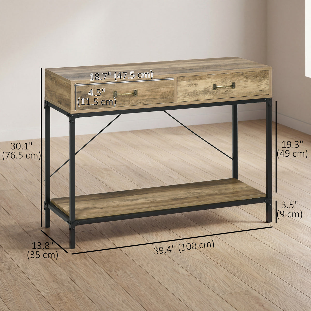 39" Vintage Console Table with Drawers & Storage Shelf