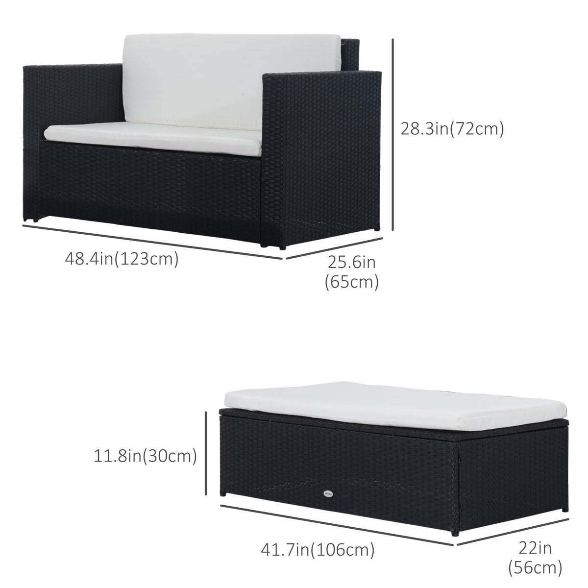 2 Pieces Wicker Patio Furniture Set with Double Ottoman, Outdoor PE Rattan Conversation Set with Loveseat and Two Seat Ottoman