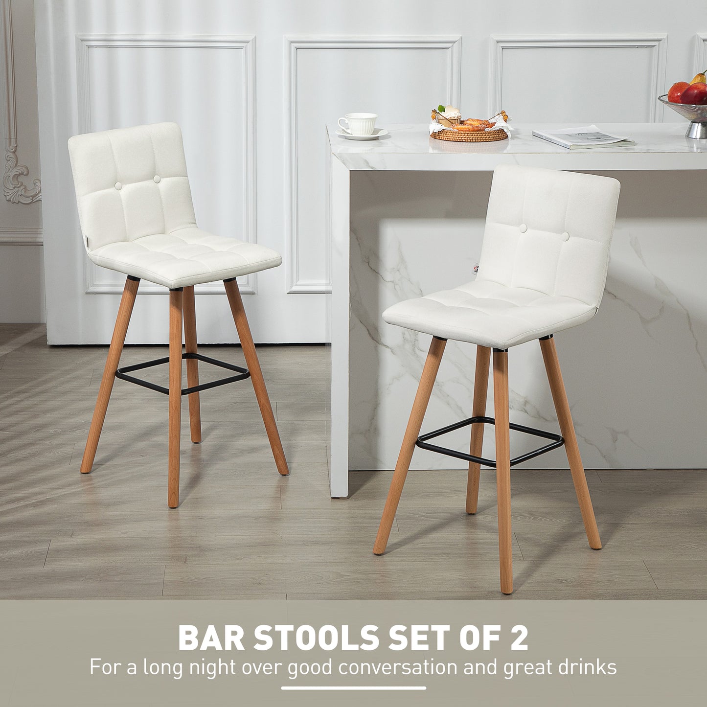 Stylish Upholstered Modern Kitchen Bar Stools Set of 2, Solid Wood Legs