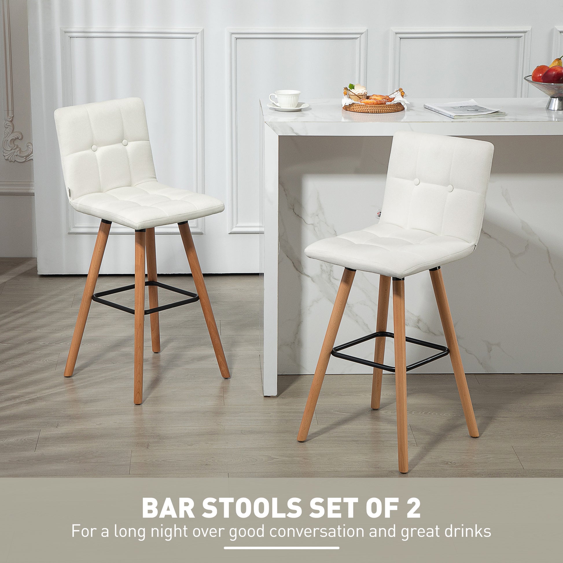 Stylish Upholstered Modern Kitchen Bar Stools Set of 2, Solid Wood Legs