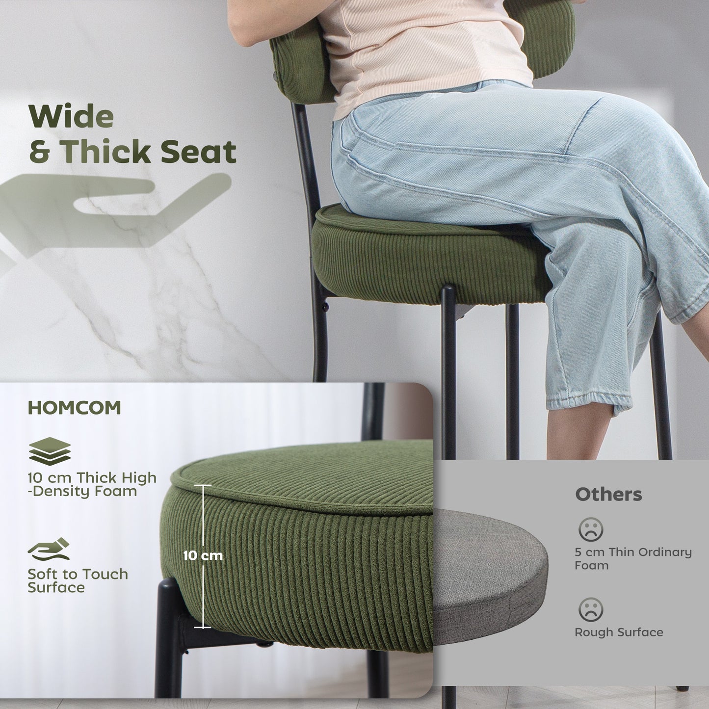 HOMCOM Set of 2 Green Corduroy Bar Stools with Backrest, Footrest