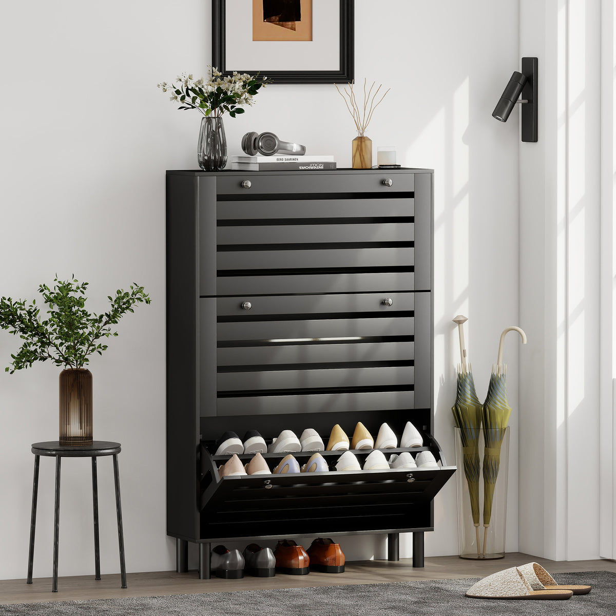 Narrow Shoe Cabinet with 3 Flip Drawers – 31"W x 48"H