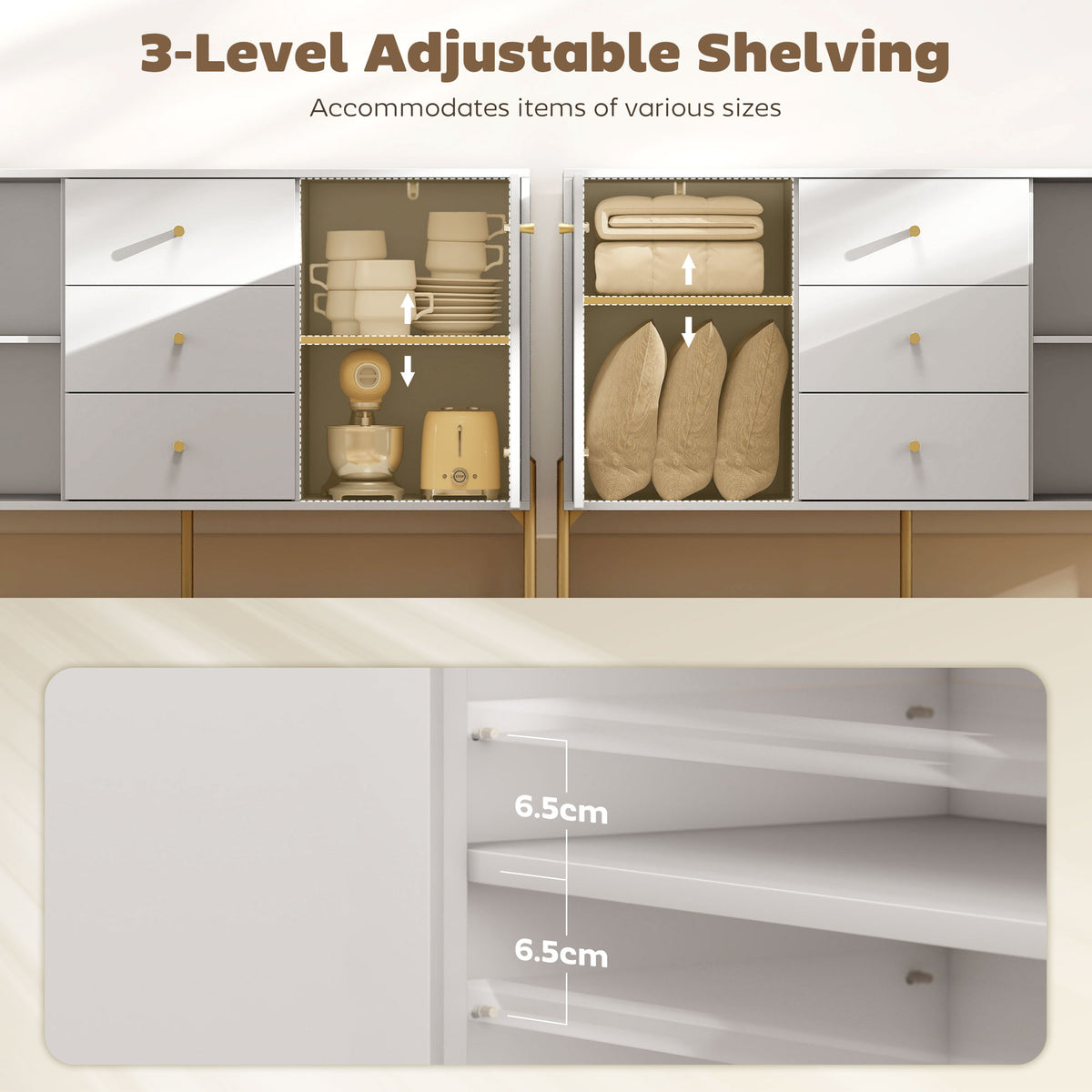 Modern Sideboard with 3 Soft-Close Drawers and 2 Adjustable Shelves – 47"W x 30"H