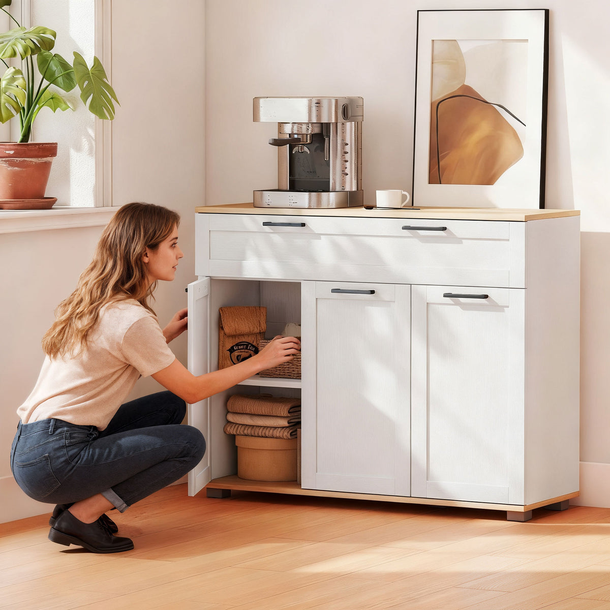 Modern Coffee Bar Cabinet with Wide Drawer – 39"W x 31"H