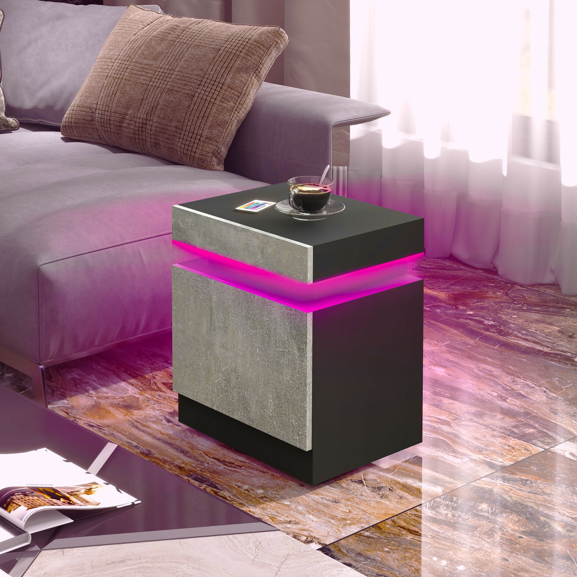 Modern High Gloss Nightstand Bedside Table with LED Lights, 2 Drawers, Grey