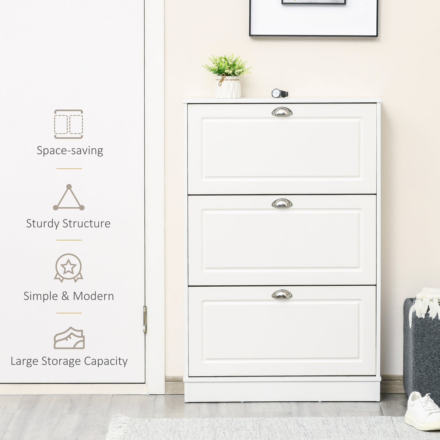 HOMCOM Narrow White Wooden Shoe Cabinet with 3 Flip Drawers