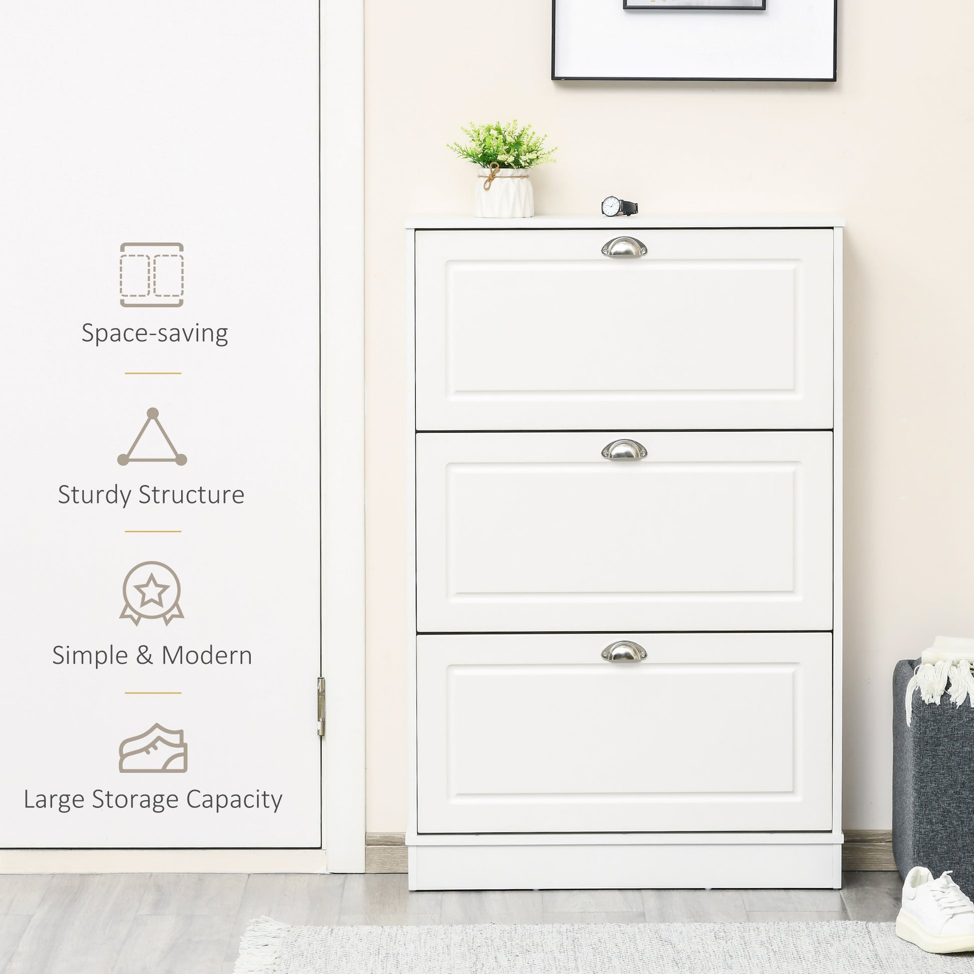 HOMCOM Narrow White Wooden Shoe Cabinet with 3 Flip Drawers