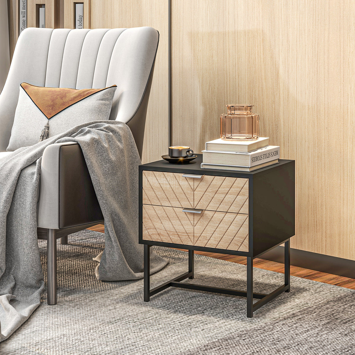 2-Drawer Nightstand with Steel Frame – 18"W x 19"H