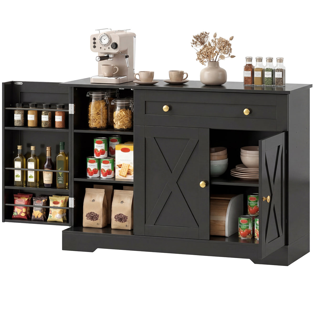 Farmhouse Sideboard with Barn Doors and Door Shelves – 47"W x 33"H