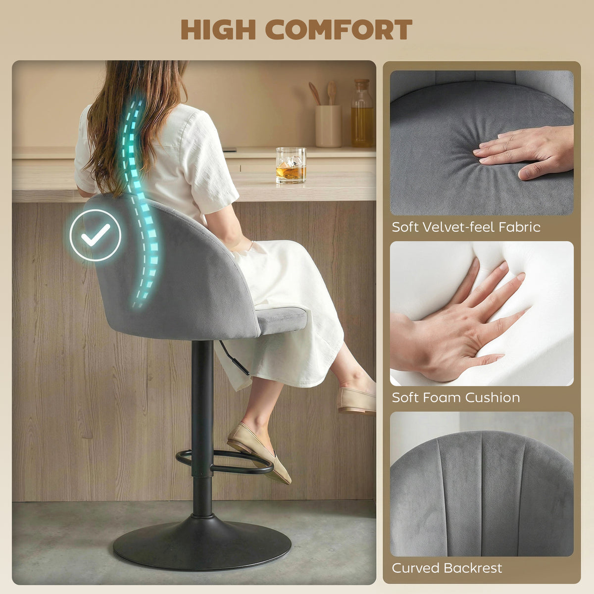 Velvet Swivel Counter Height Bar Stools with Footrest, Set of 2
