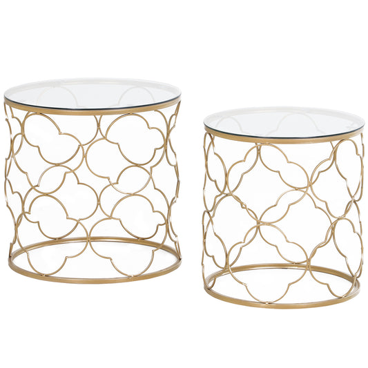Elegant Gold Nesting Coffee End Table Set, 2 Round Tempered Glass Modern