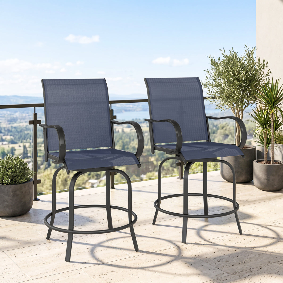 Outdoor Bar Stools Set of 2, 360° Swivel Bar Height Chairs, 26.8" x 29.5" x 48.4", Tan – Navy Blue