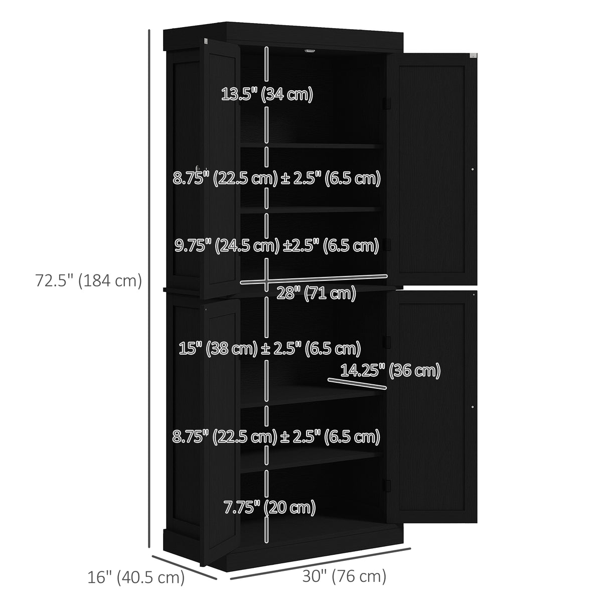 Freestanding Kitchen Pantry Cabinet with 4 Doors – 30"W x 73"H
