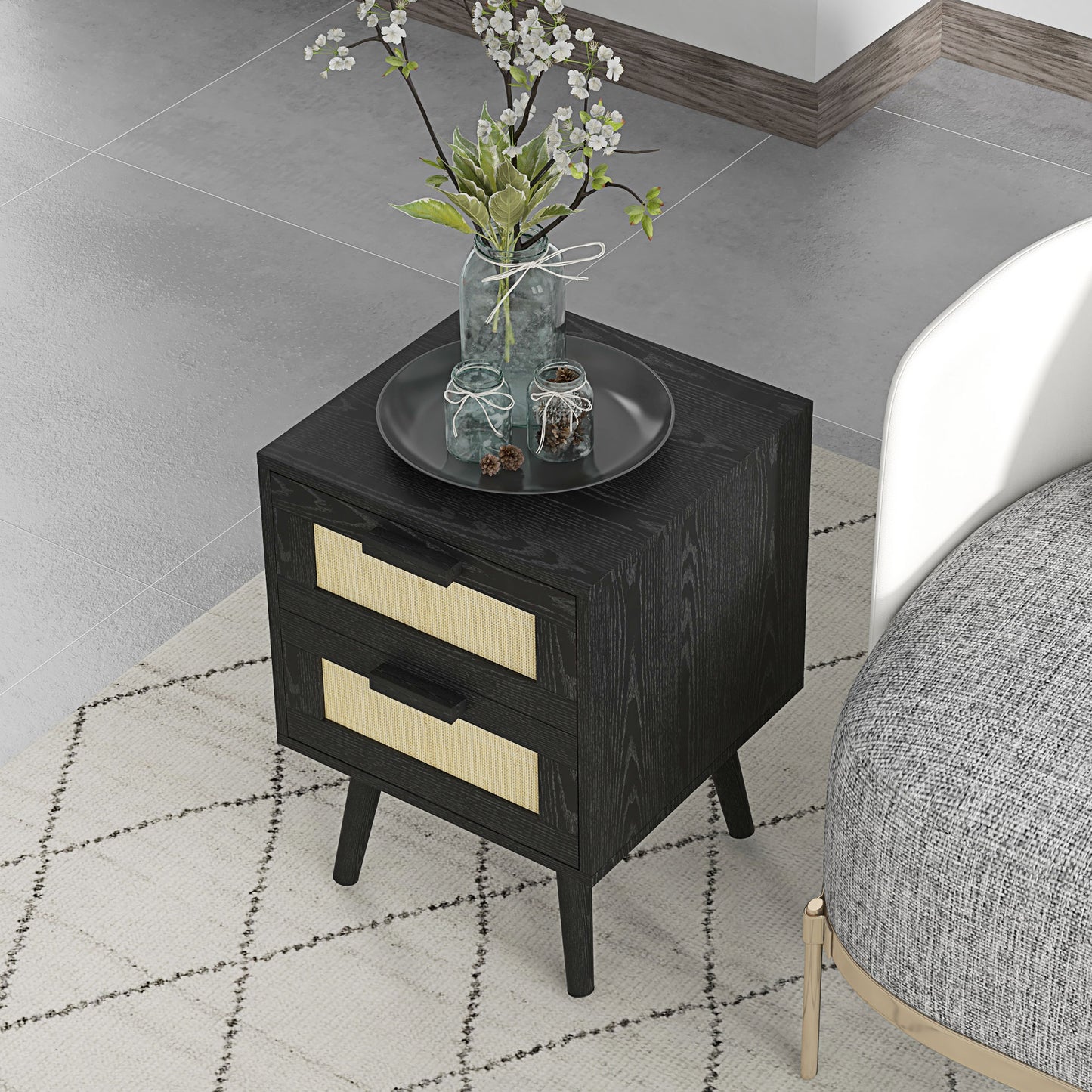 HOMCOM Boho Nightstands Set of 2, Black Bedside Tables with Storage Drawers