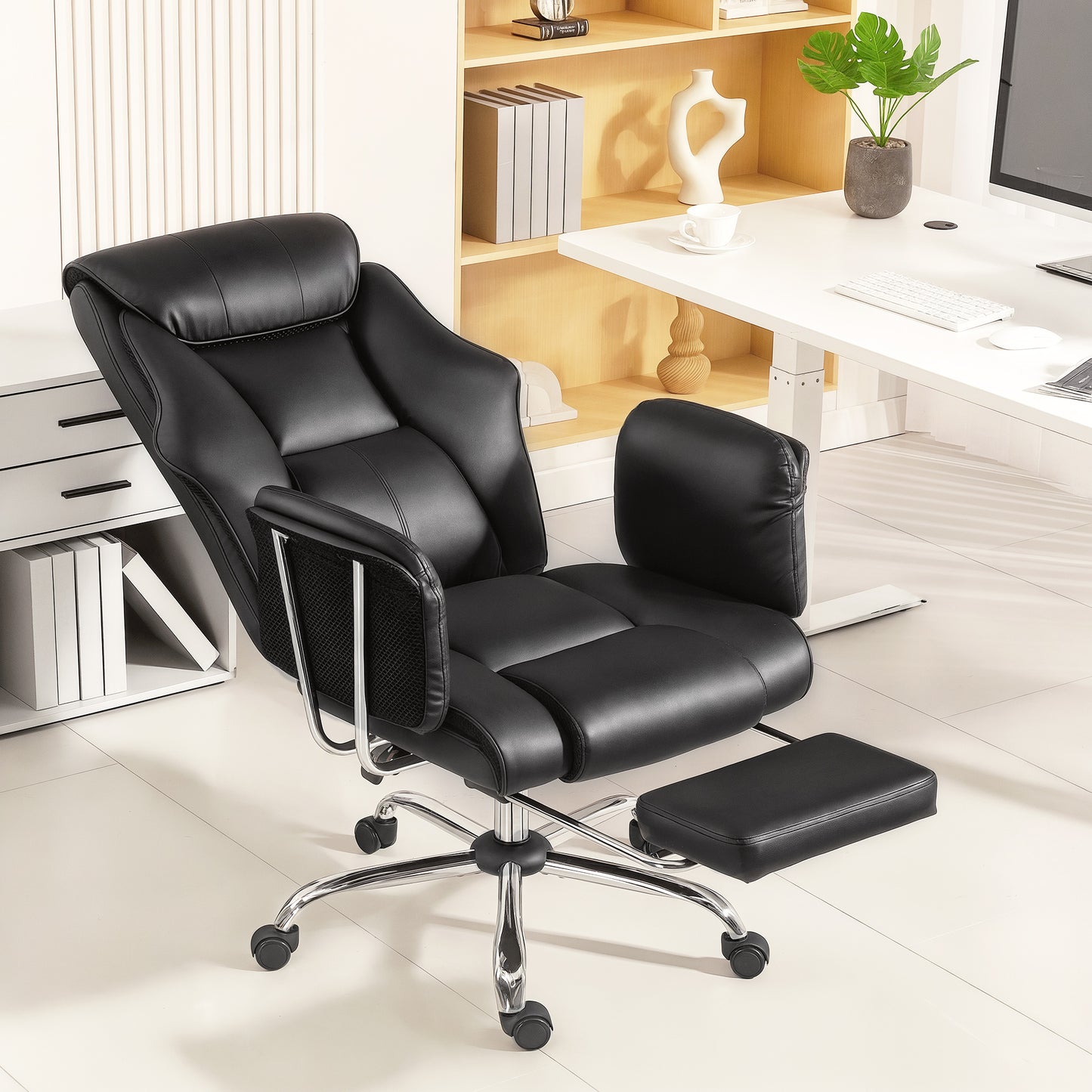 HOMCOM Executive Reclining Office Chair: Overstuffed PU Leather, Footrest, Swivel Wheels