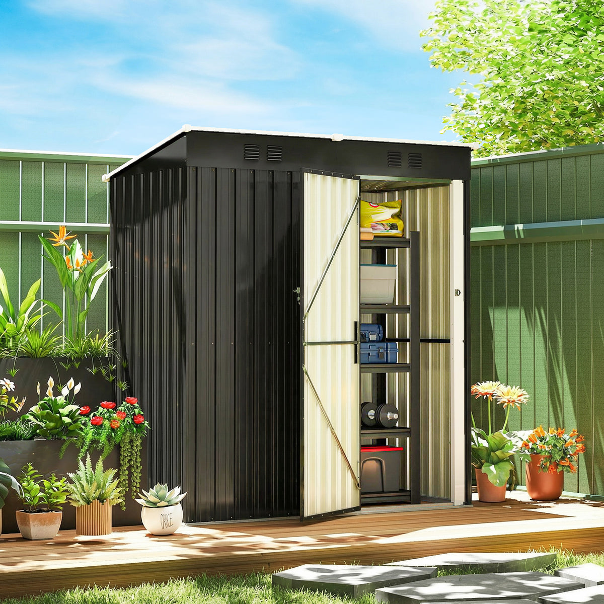 5 x 3 ft Outdoor Storage Shed, Lean-to Metal Garden Shed with Lockable Door and Vents