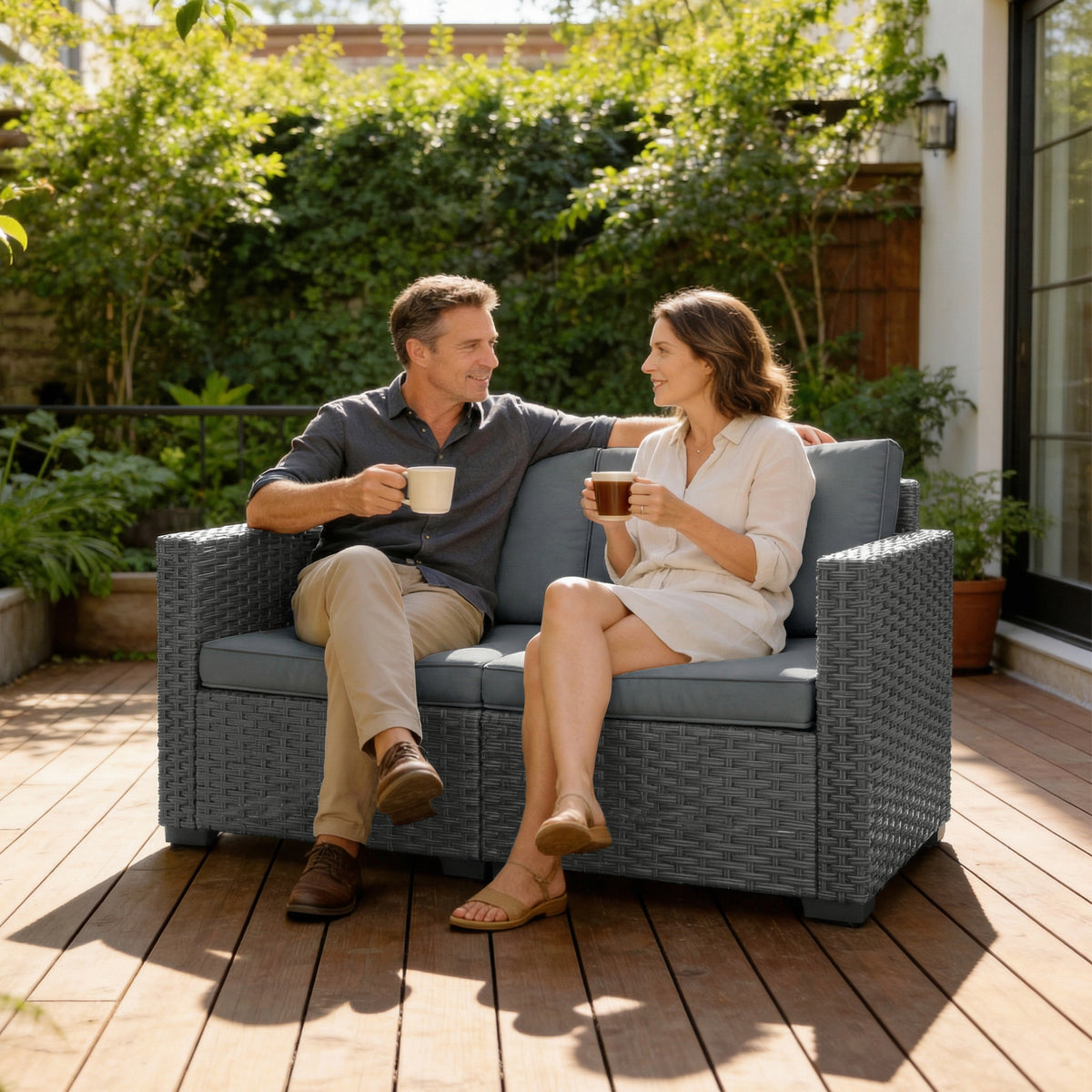 2 Seater Outdoor Couch Patio Sofa with Deep Seat, Cushions, Wide Armrests for Garden, Balcony, Porch