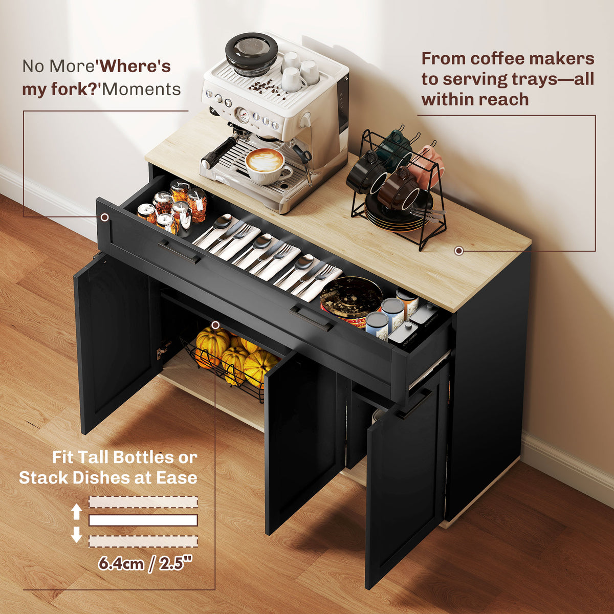Modern Coffee Bar Cabinet with Wide Drawer – 39"W x 31"H