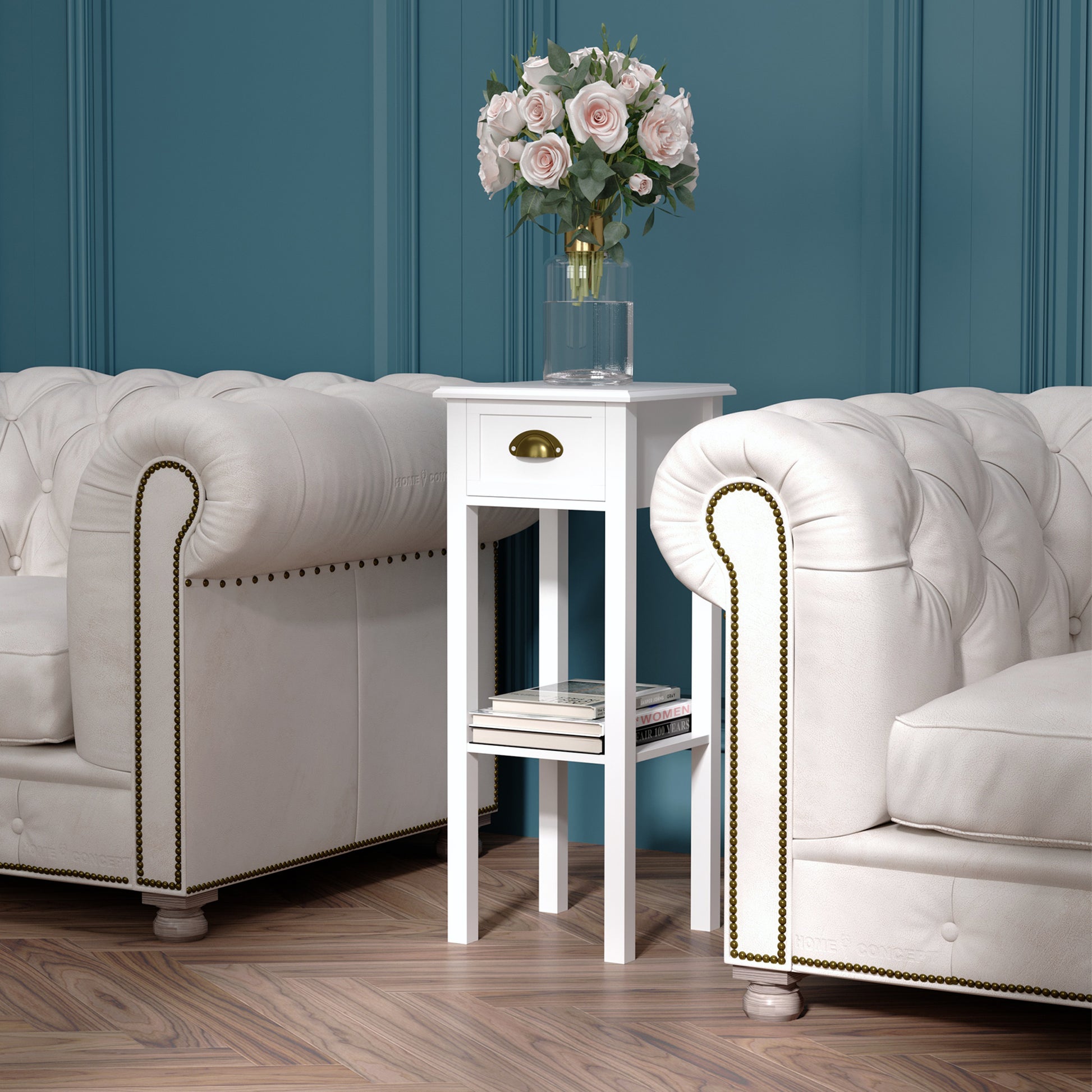 HOMCOM 2-Tier Narrow Tall End Table Set with Drawer & Shelf, White Nightstand