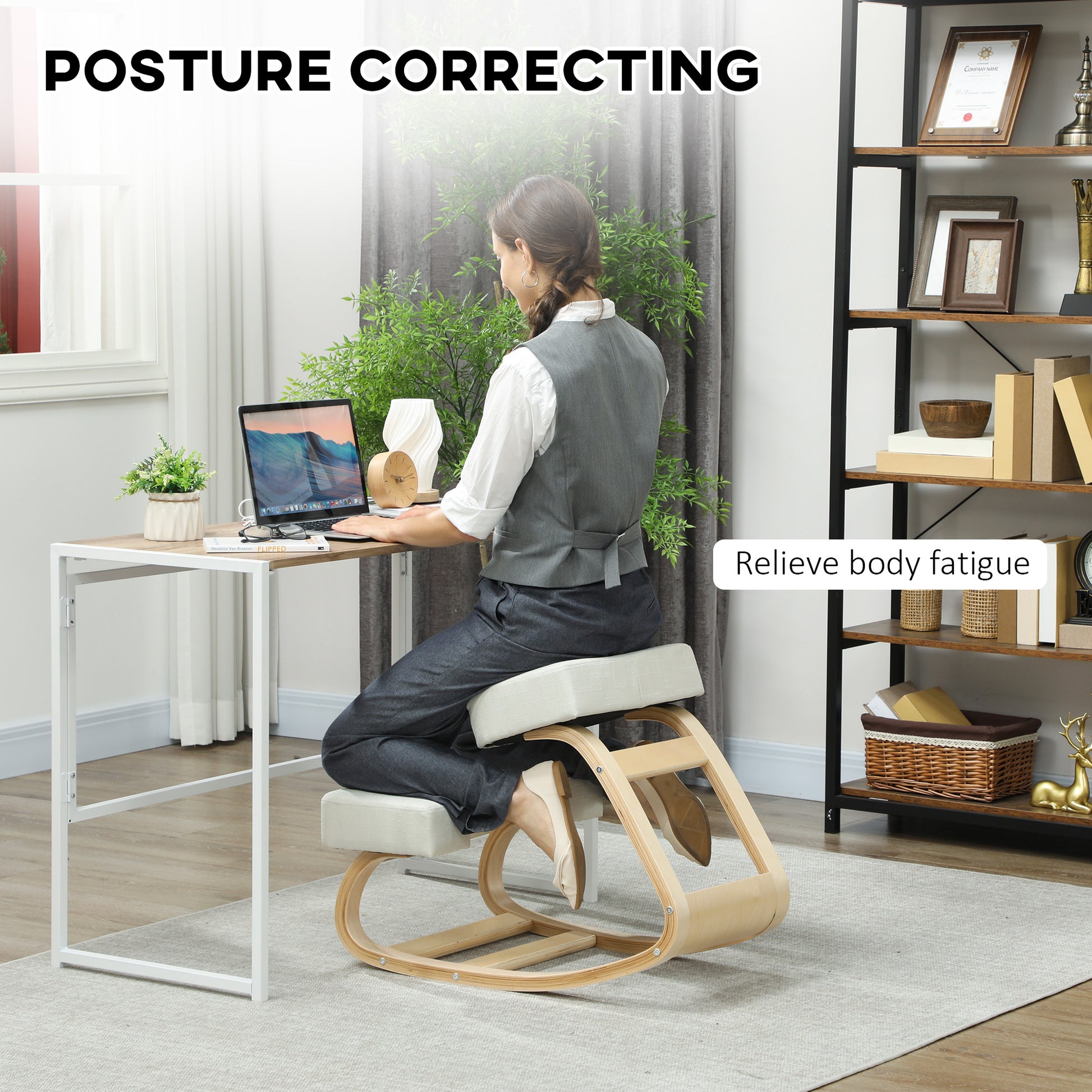 HOMCOM Ergonomic Wood Kneeling Desk Chair with Thick Pads for Posture