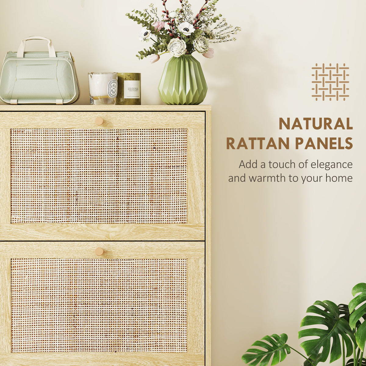 Rattan Shoe Storage Cabinet with 3 Flip Drawers – 24"W x 45"H