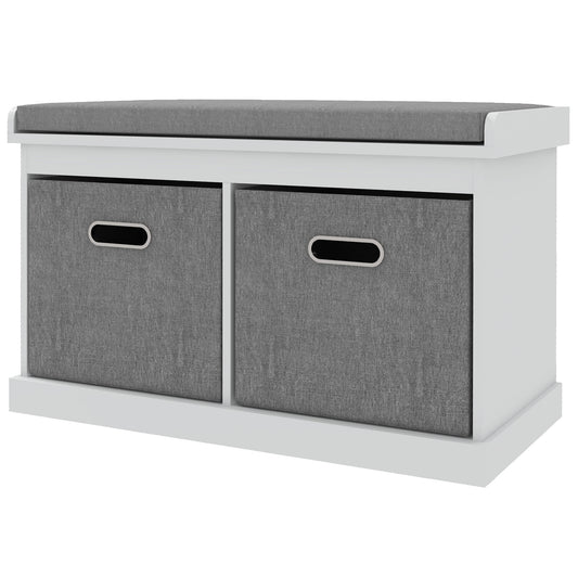 HOMCOM White Entryway Shoe Storage Bench, Comfortable Cushion, Two Fabric Drawers