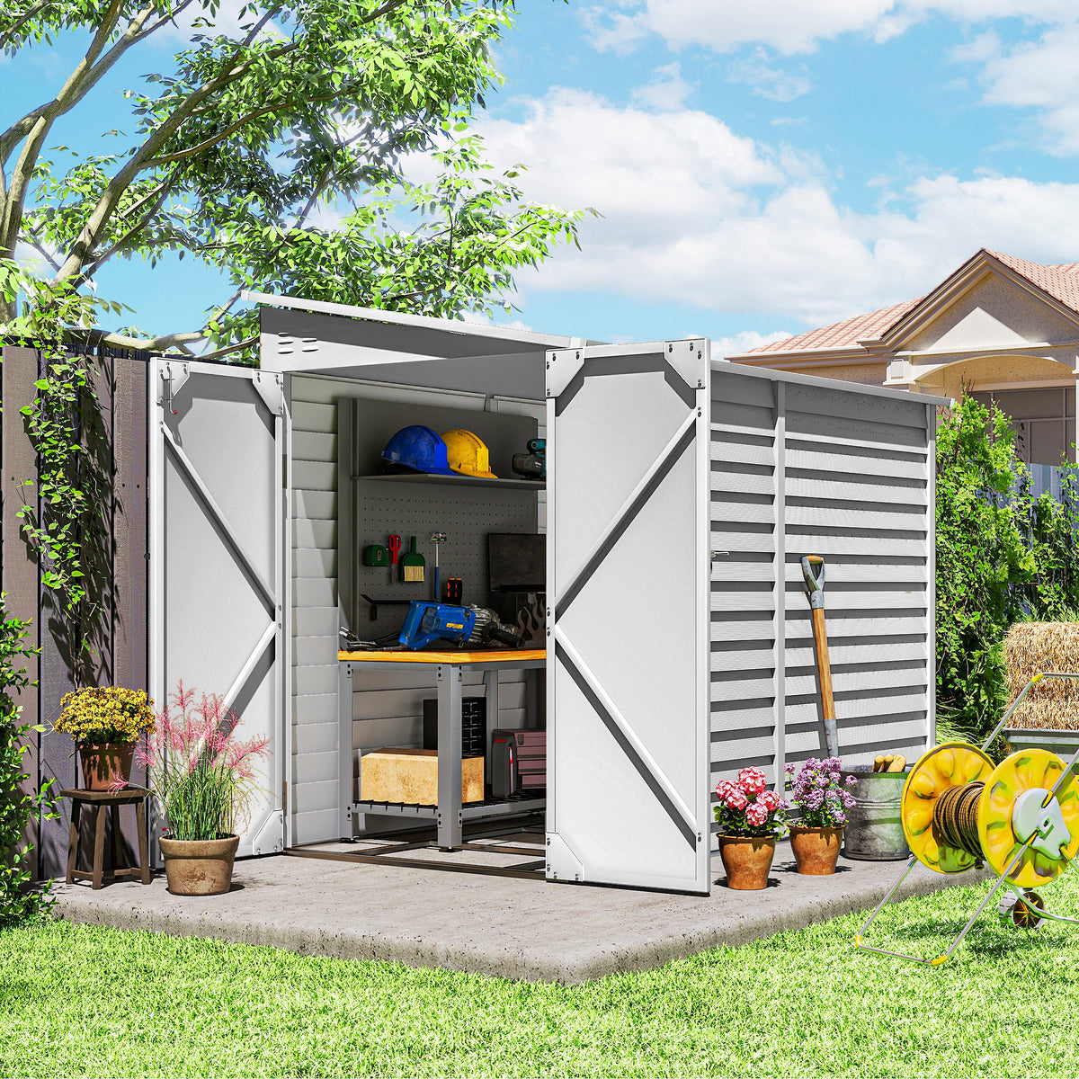 4.6' x 9' Steel Outdoor Storage Shed, Lean to Shed w/ Foundation Kit, Lockable Doors, Gloves & Air Vents for Backyard, Patio – White