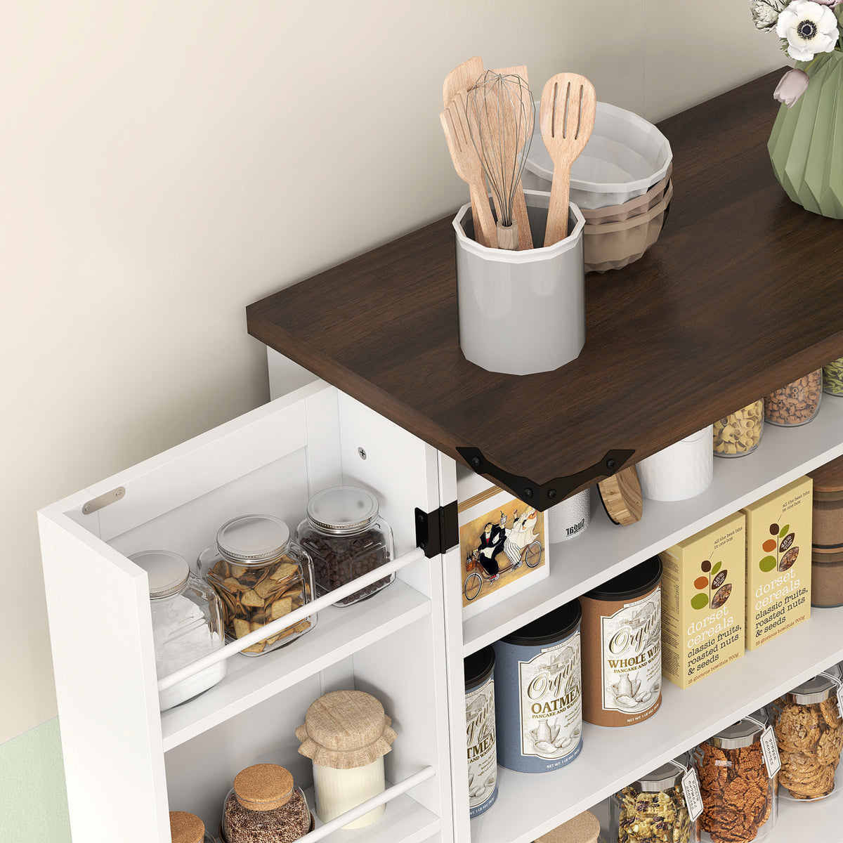 Farmhouse Kitchen Pantry Cabinet with Adjustable Shelves and Door Shelves – 24"W x 47"H