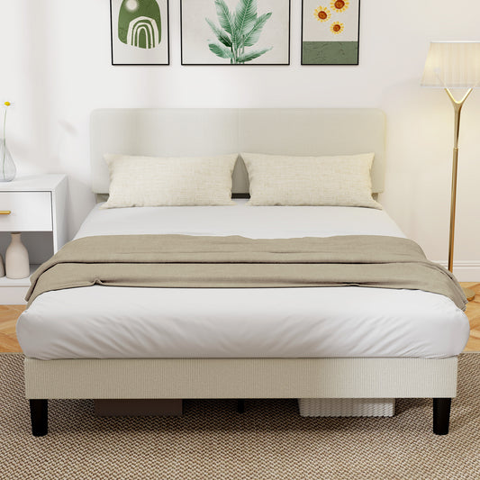 Corduroy Upholstered Bed with Adjustable Headboard