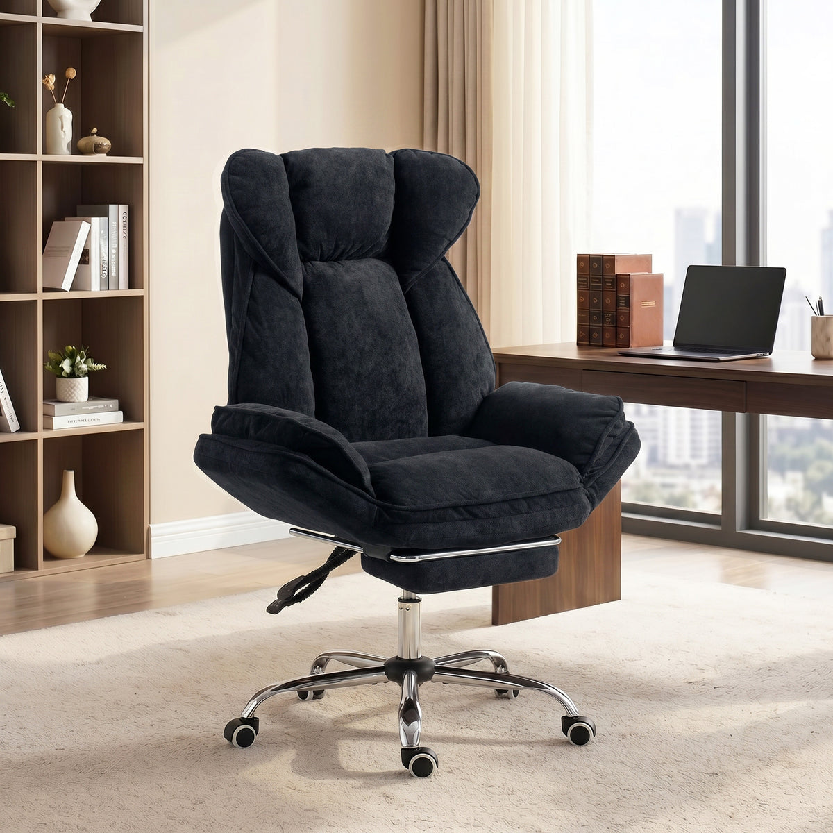 Big and Tall Office Chair with Footrest, High Back Snowflake Velvet Reclining Executive Desk Chair, Black