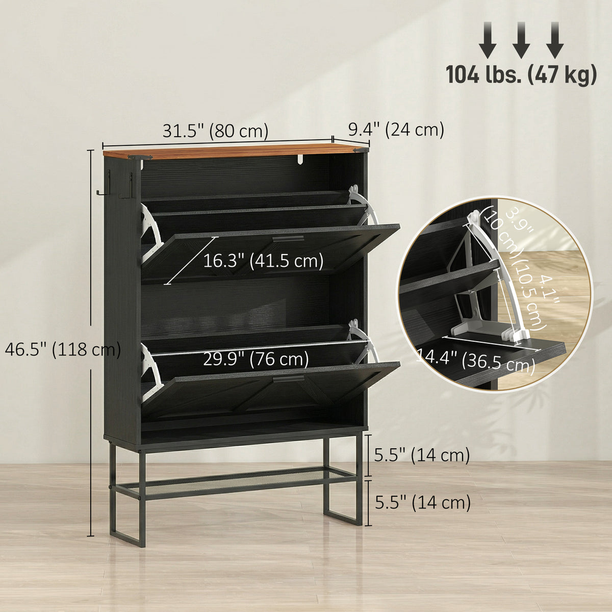 Narrow Shoe Storage Cabinet with 2 Flip Drawers – 31"W x 46"H