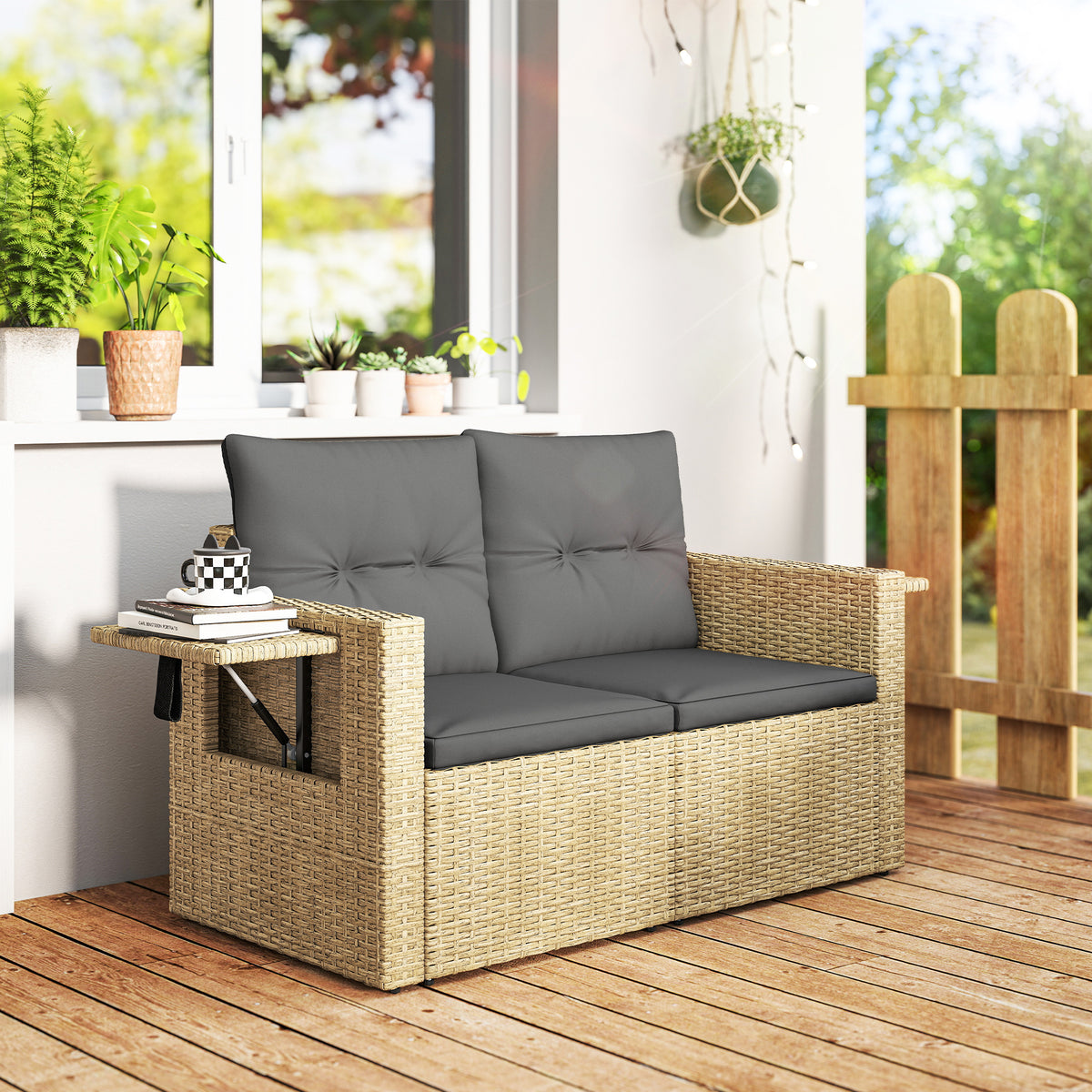 Wicker Outdoor Sofa with Side Trays, Rattan Patio Loveseat with Cushions for Garden Balcony