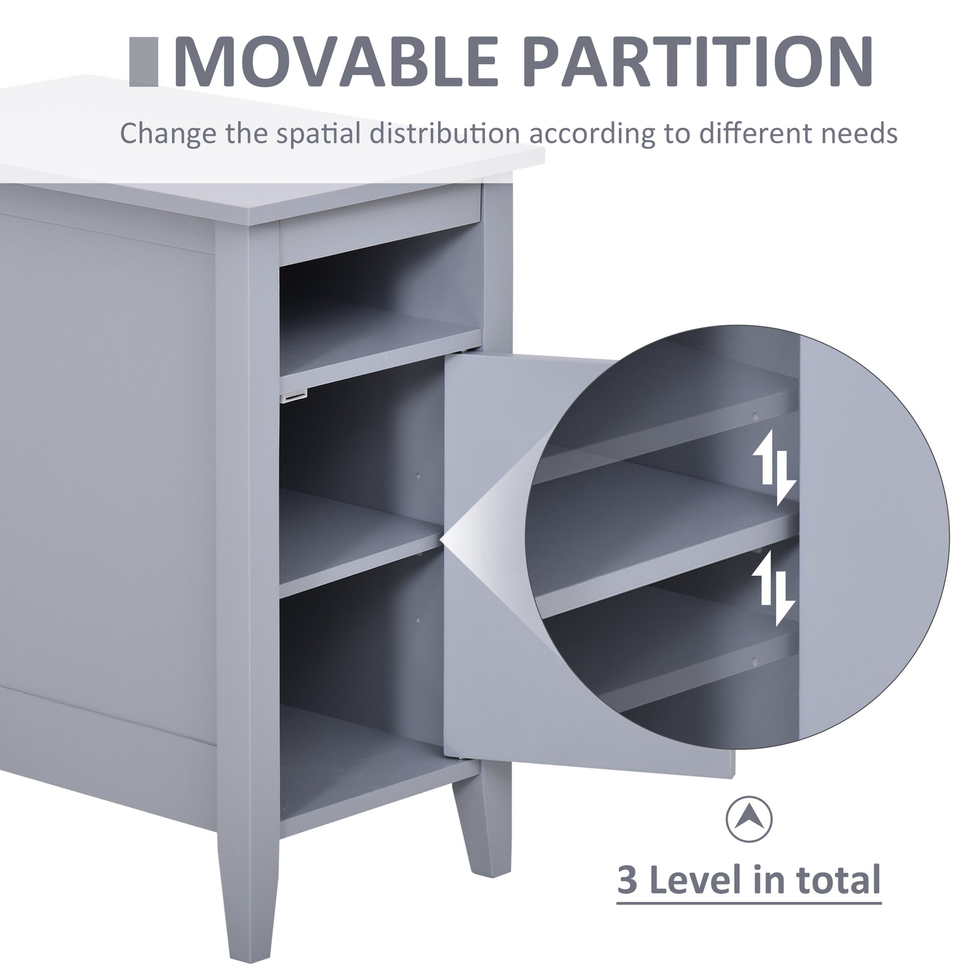 Modern Grey Wooden Nightstand with Pullout Tray, 3-Tier Adjustable Storage Cabinet