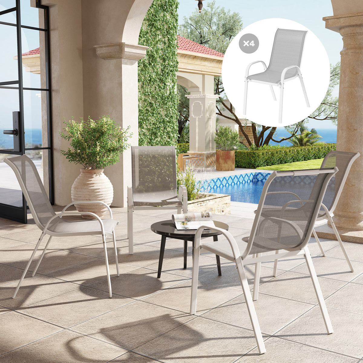 Set of 4 Outdoor Dining Chairs, Stackable Lawn Chairs with High Back, Breathable Mesh Seat for Garden Porch – White