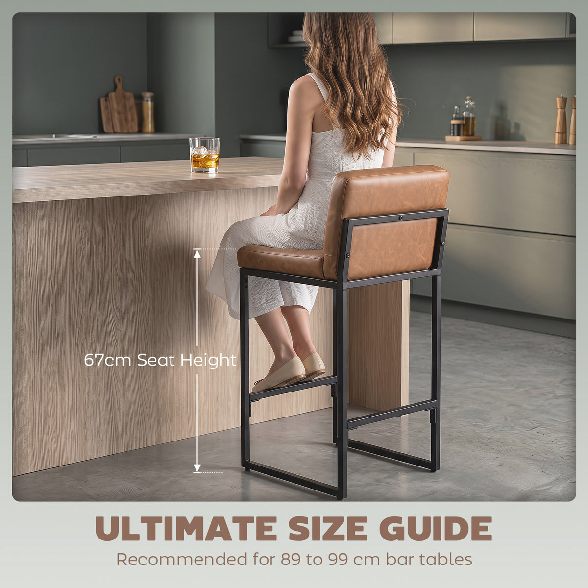 Retro Padded PU Leather Counter Stools with Back and Metal Legs, Set of 2, Brown