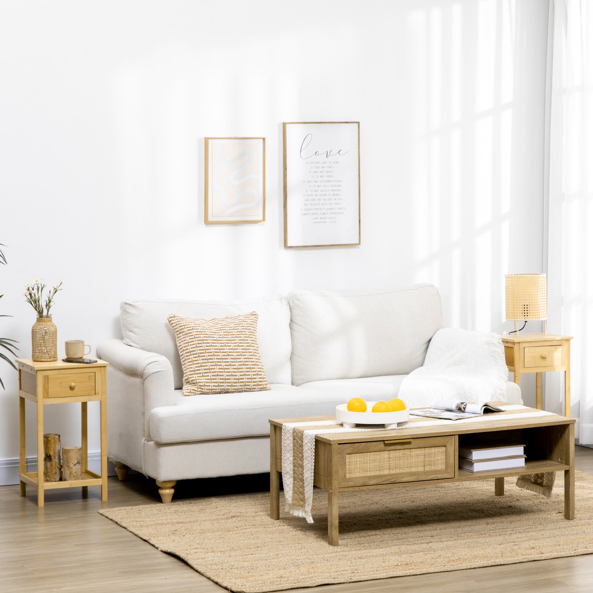 HOMCOM Slim Bamboo Side Table Nightstand with Drawer and Storage Shelf, Natural