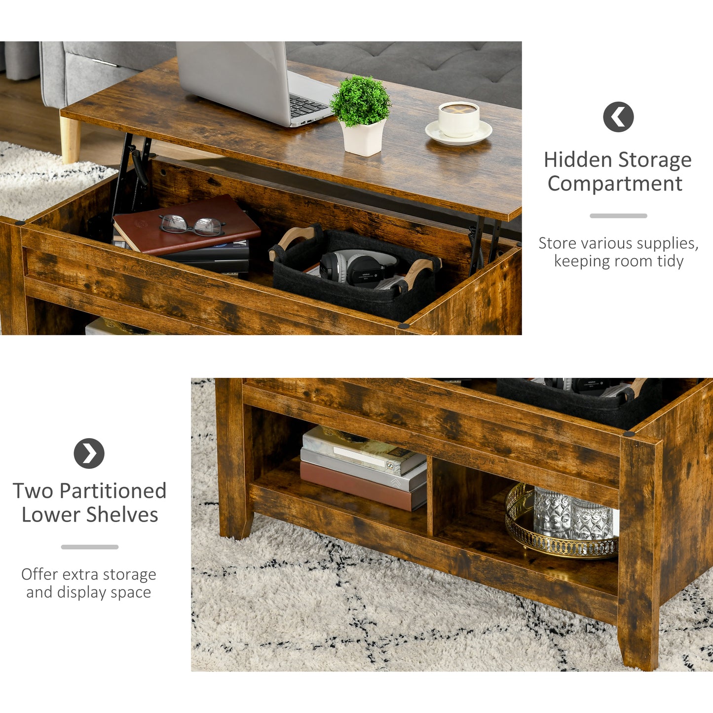 Modern Lift-Top Coffee Table with Hidden Storage & Open Shelves, Rustic Brown