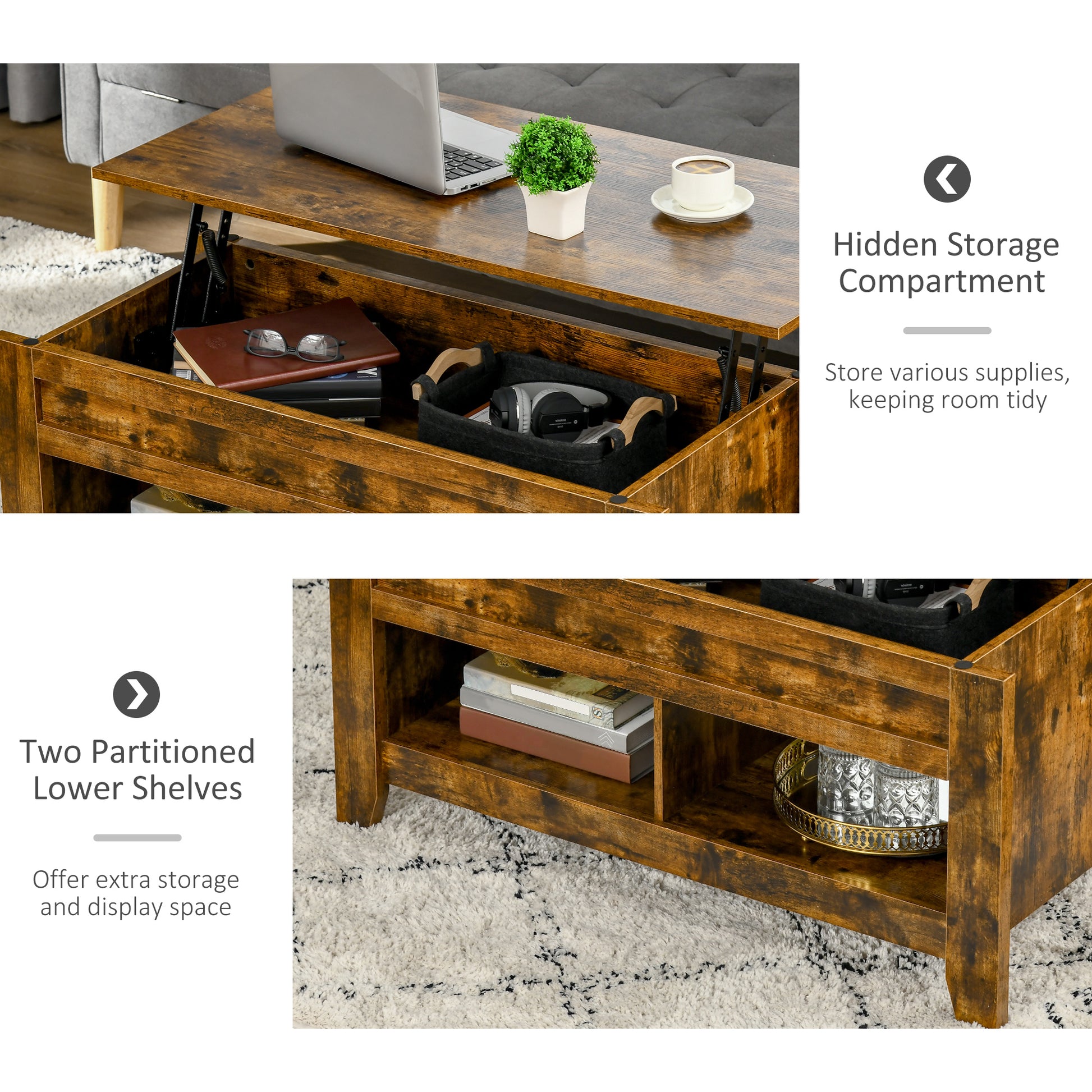 Modern Lift-Top Coffee Table with Hidden Storage & Open Shelves, Rustic Brown