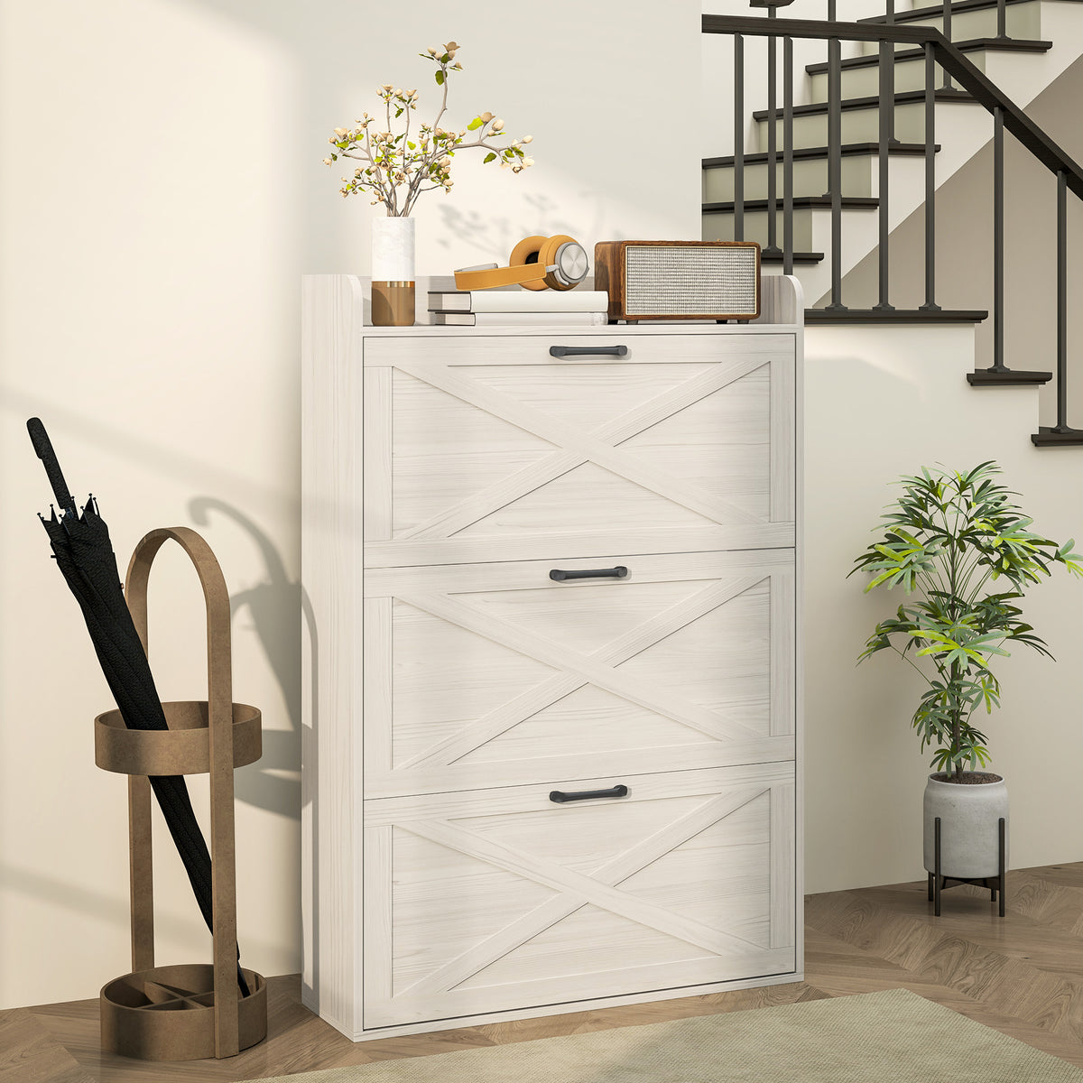 Farmhouse Shoe Cabinet with 3 Flip Drawers – 31"W x 49"H