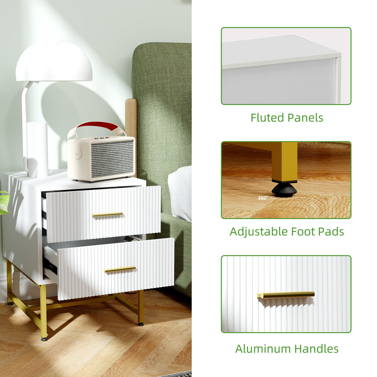Fluted 2-Drawer Nightstands with Gold Legs, Set of 2 – 16"W x 19"H
