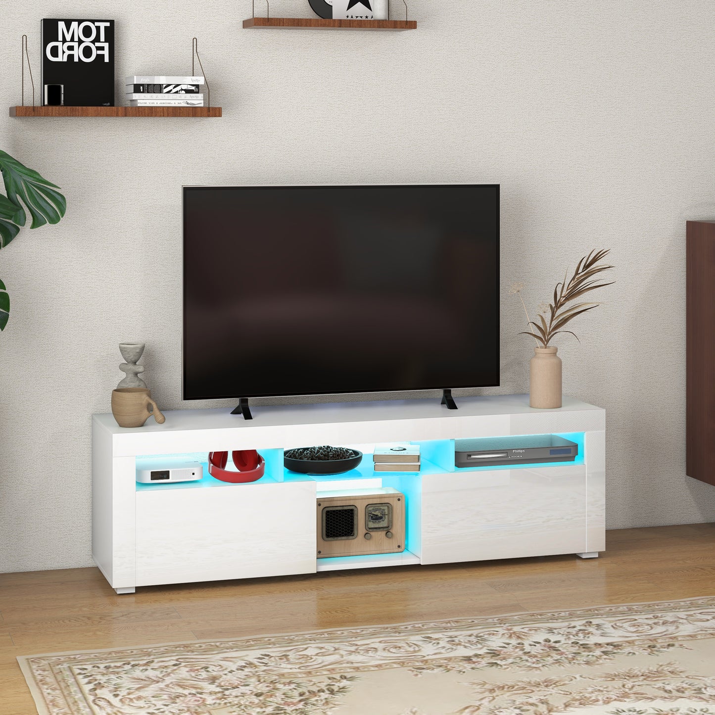 HOMCOM Modern White TV Stand with LED Lights, Storage, Open Compartments