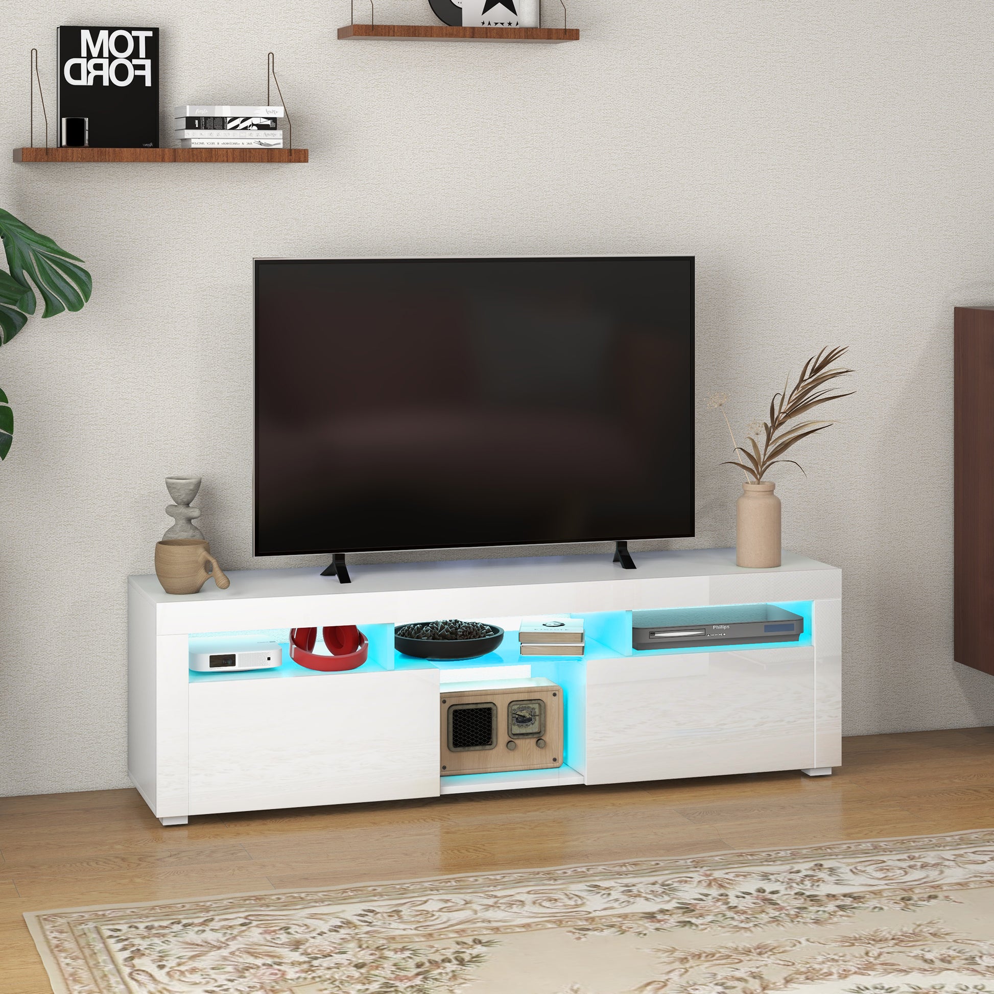 HOMCOM Modern White TV Stand with LED Lights, Storage, Open Compartments