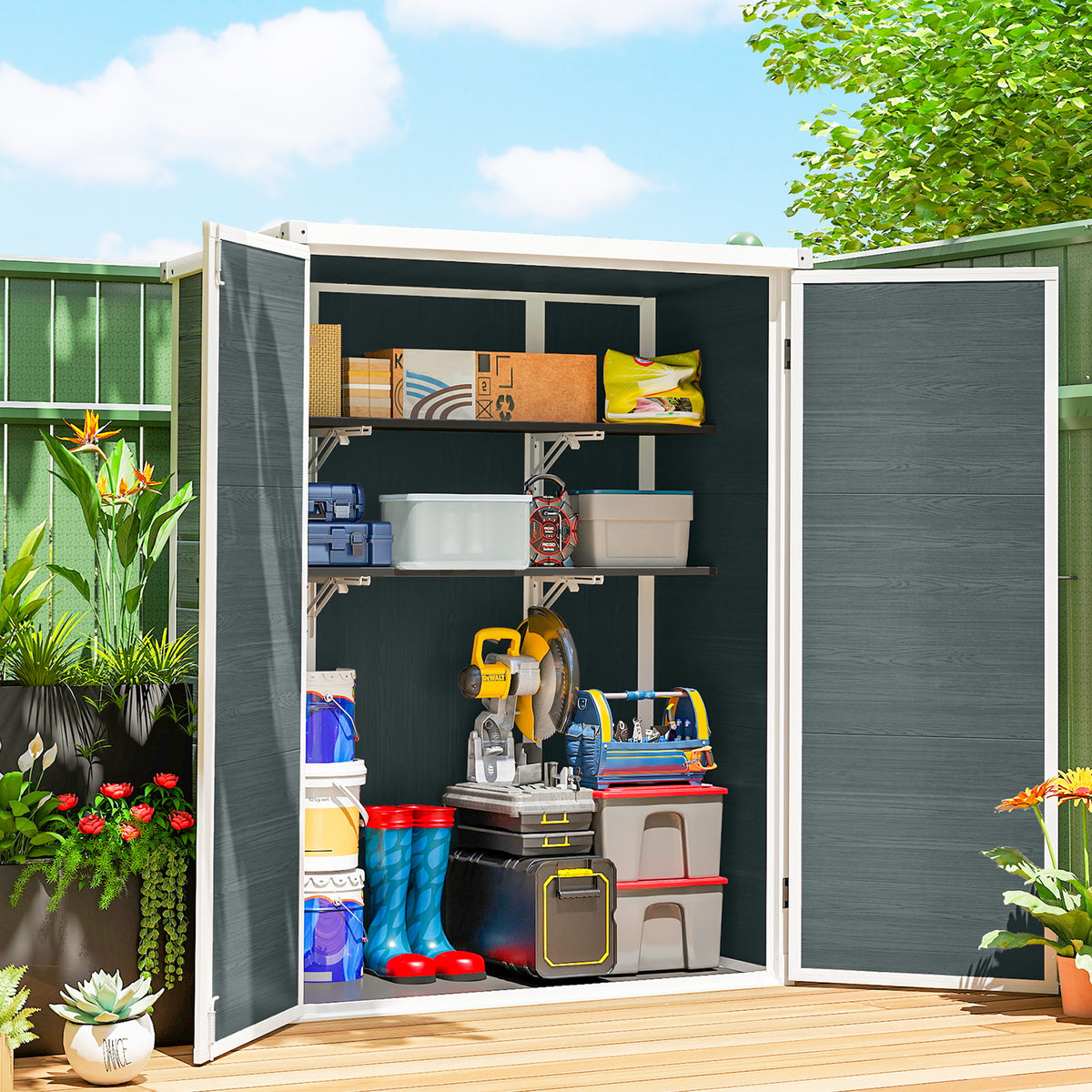 Outdoor 4.4' x 2.3' Plastic Storage Shed with Lockable Doors and Foldable Shelves, Wood-Effect Garden Shed
