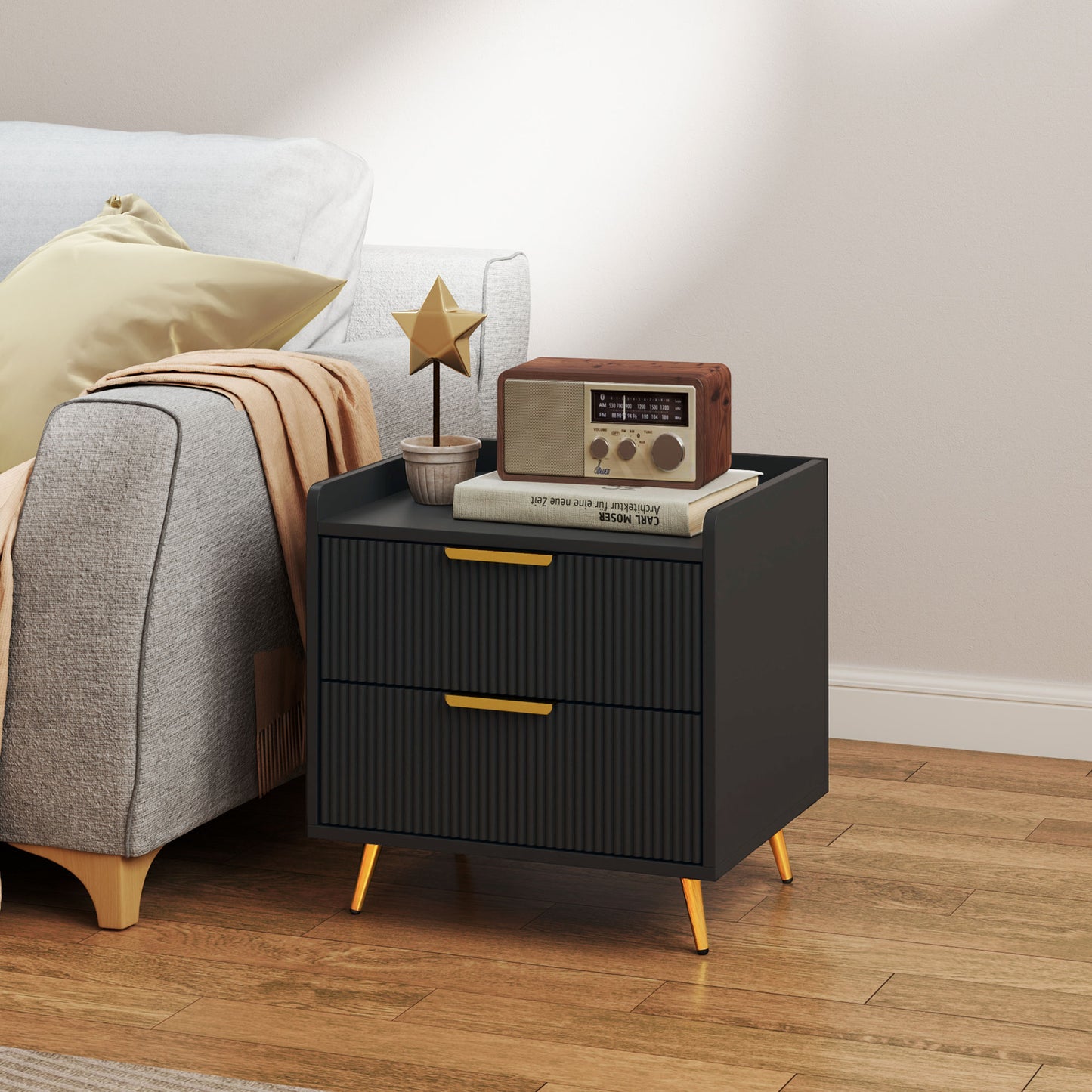 Modern Black Nightstand with Fluted Drawers, Gold Metal Legs, Bedroom Storage