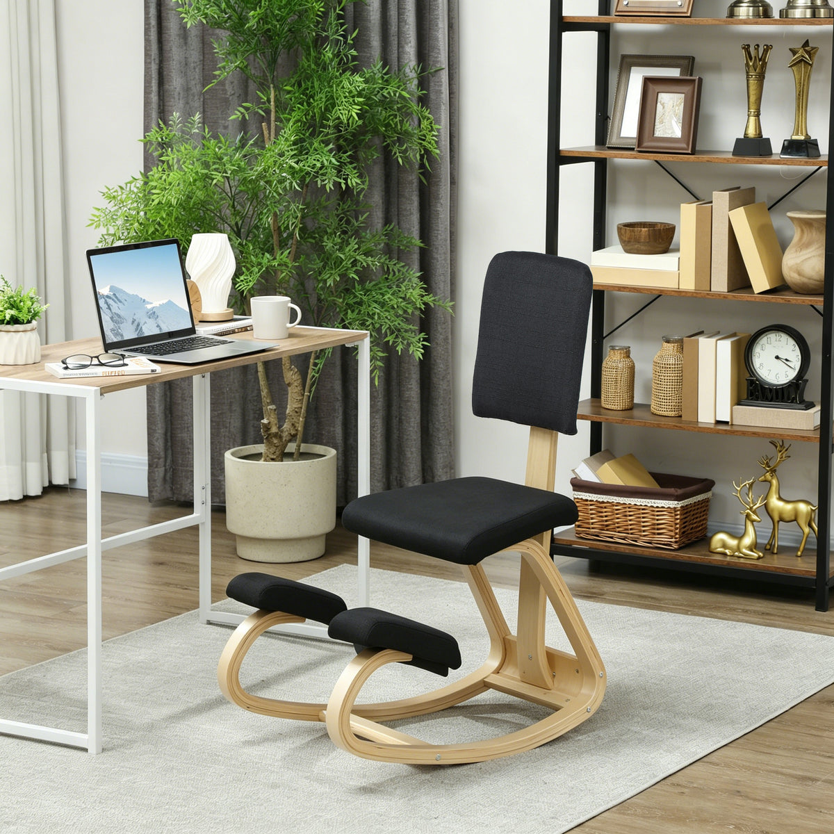 Ergonomic Kneeling Chair, Rocking Wood Kneel Stool with Backrest for Improved Posture, Black