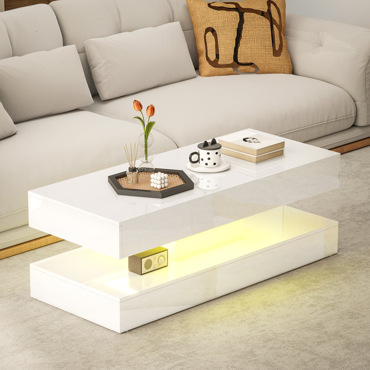 Coffee Table with Adjustable RGB LED Lights, 2 Drawers, Open Shelf and Remote