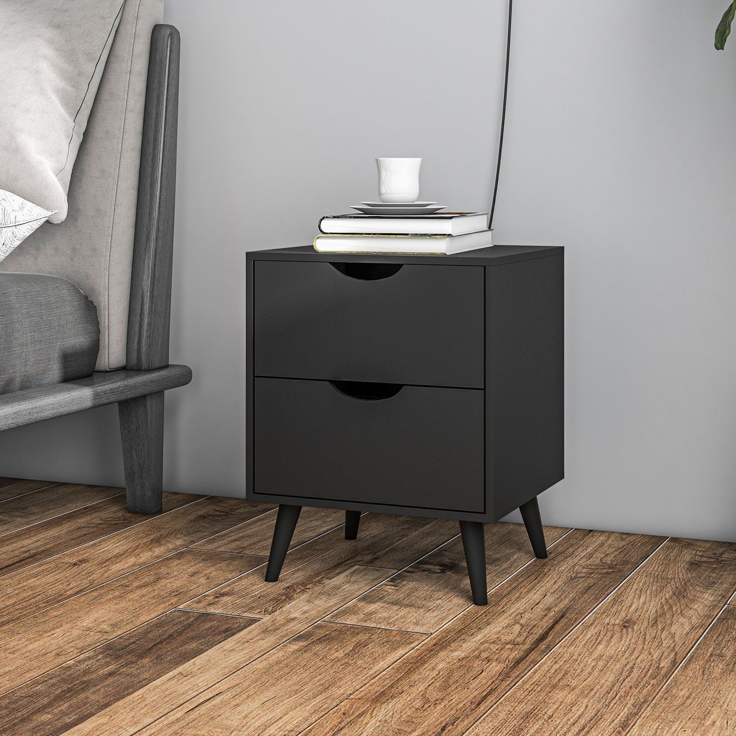 HOMCOM Modern Black Nightstand with Two Drawers, Solid Pine Wood Legs