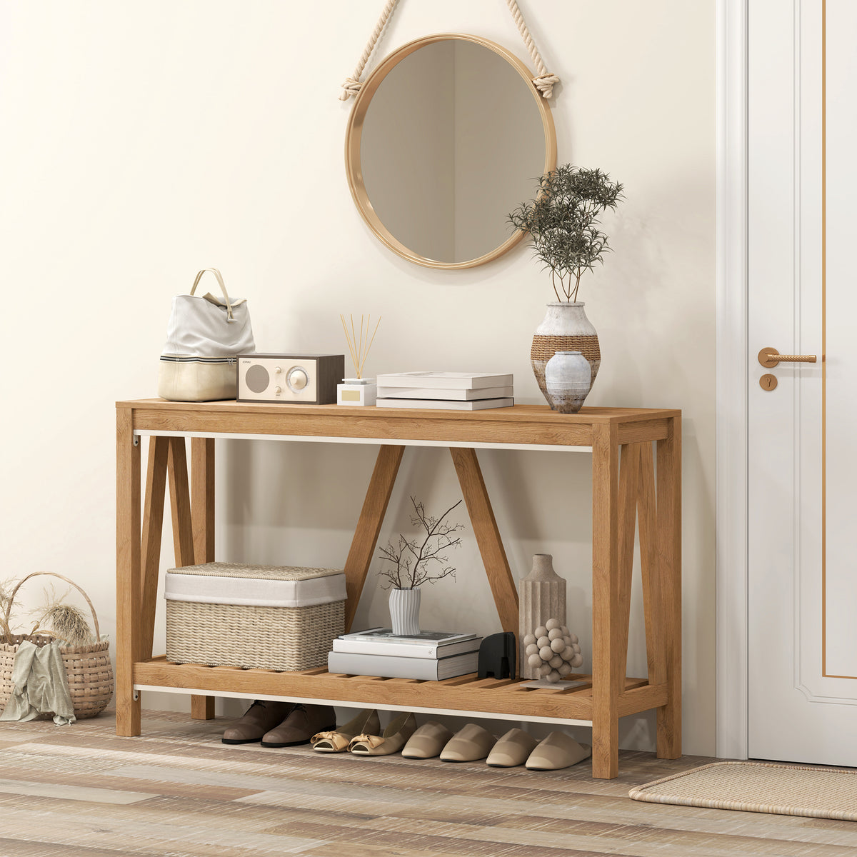Farmhouse Console Table with Storage Shelf, Brown